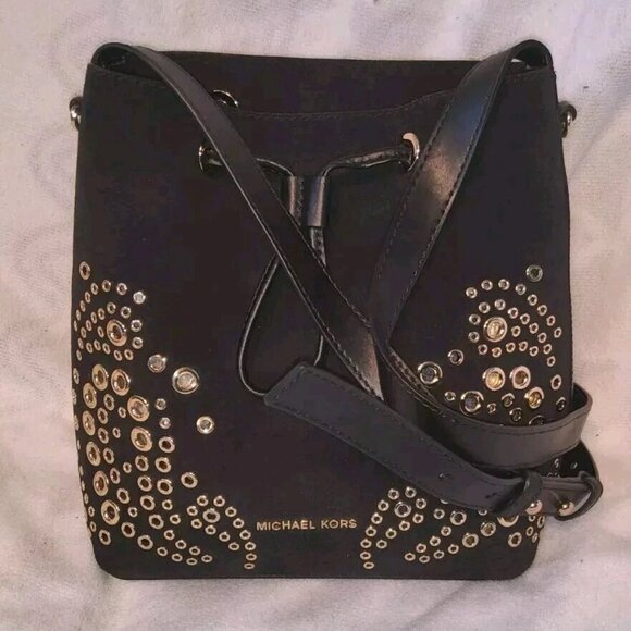 Michael Kors Cary Small Grommeted Suede Bucket Bag Black Gold Studded 9x9x4 main image 4